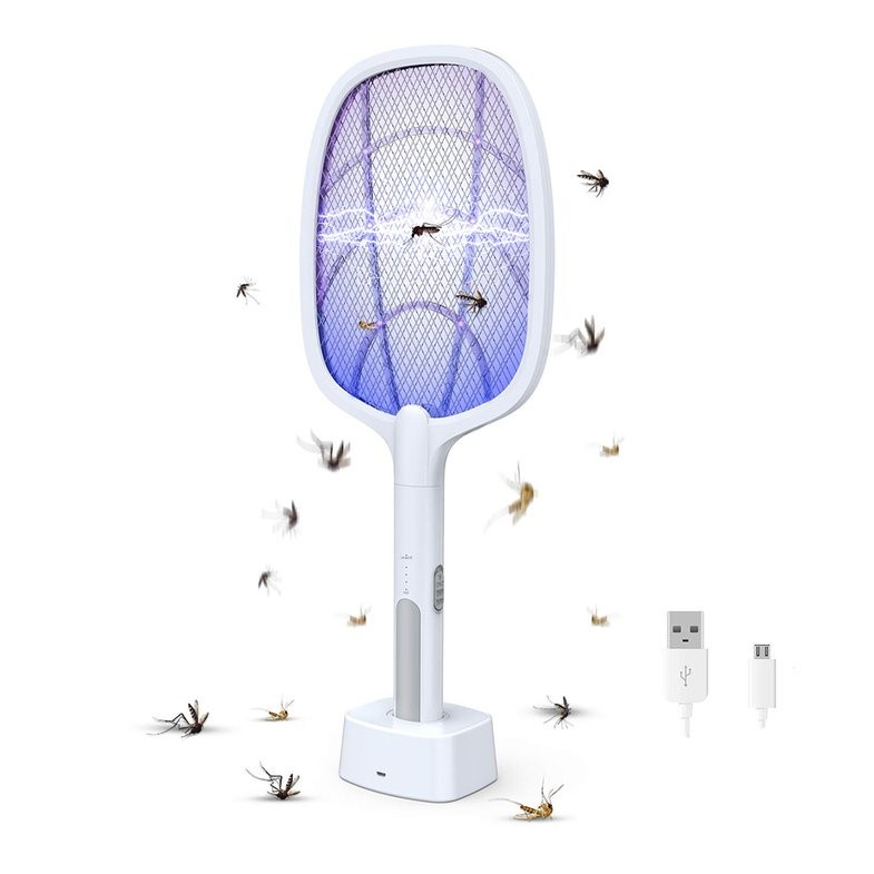 2 in 1 Mosquito K_iller Racket USB Rechargeable with UV Light & Standing Base Electric Insect Ki_ller Indoor, Outdoor (Fly Swatter)